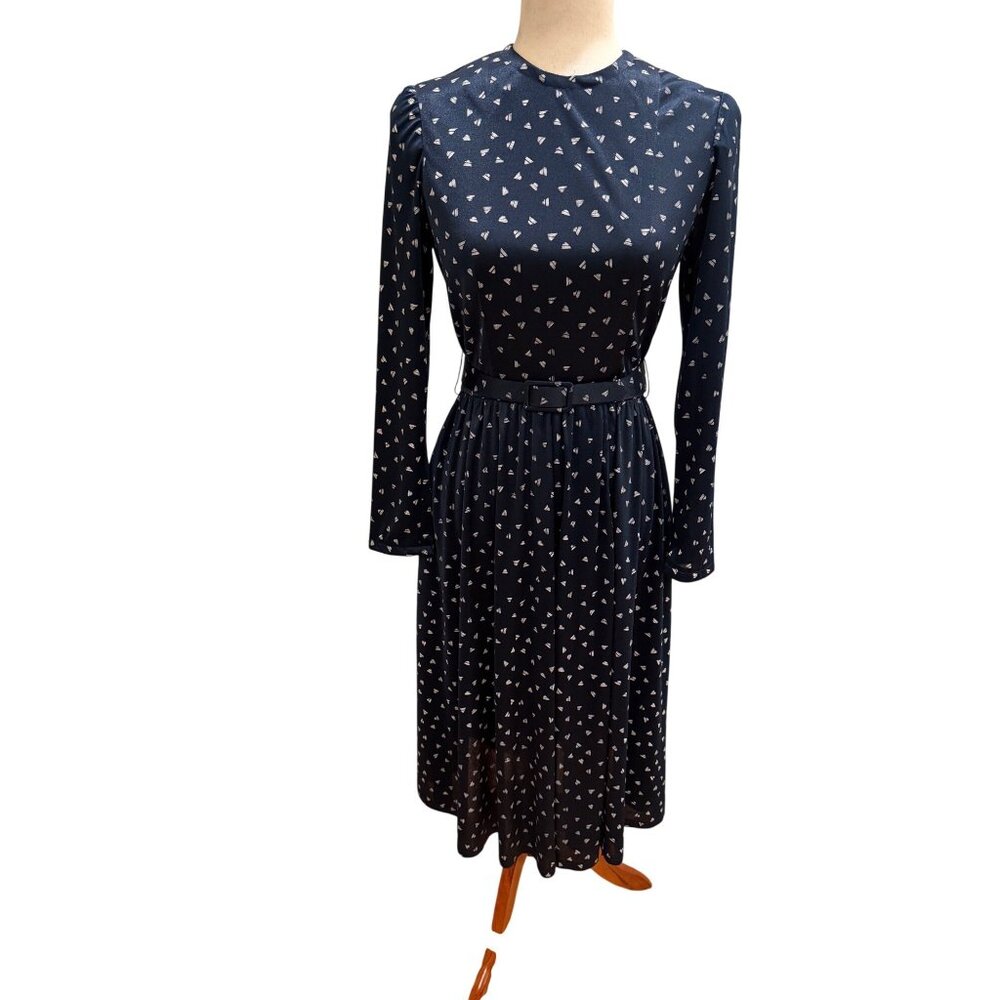 Vintage Jerry Silverman by Saulino Navy Blue Triangle Print Midi Dress Belted